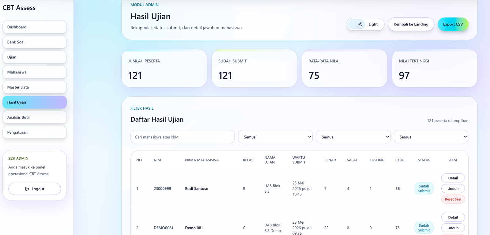 CBT Assess hasil dan export nilai screenshot