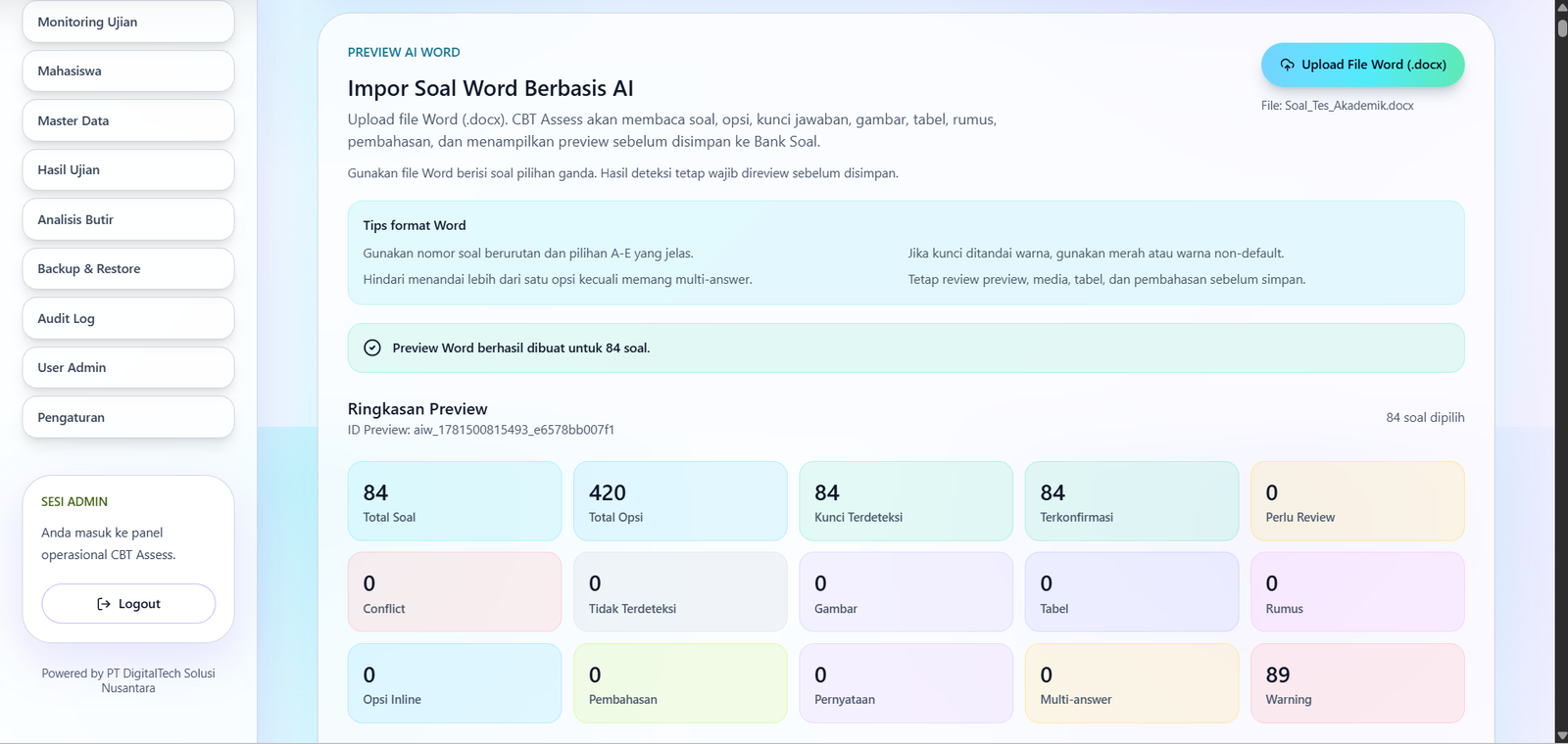 CBT Assess impor soal Word berbasis AI screenshot
